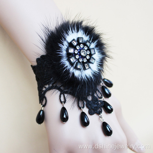 Black Crochet Lace Band With POM Charm Beads Tassel Bracelet